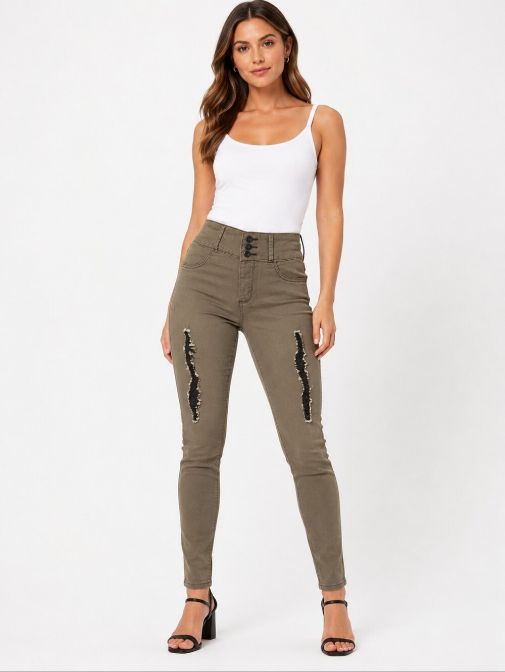 Lovesick Super Skinny Jeans Olive Distressed Triple Button Size 15 Y2K
